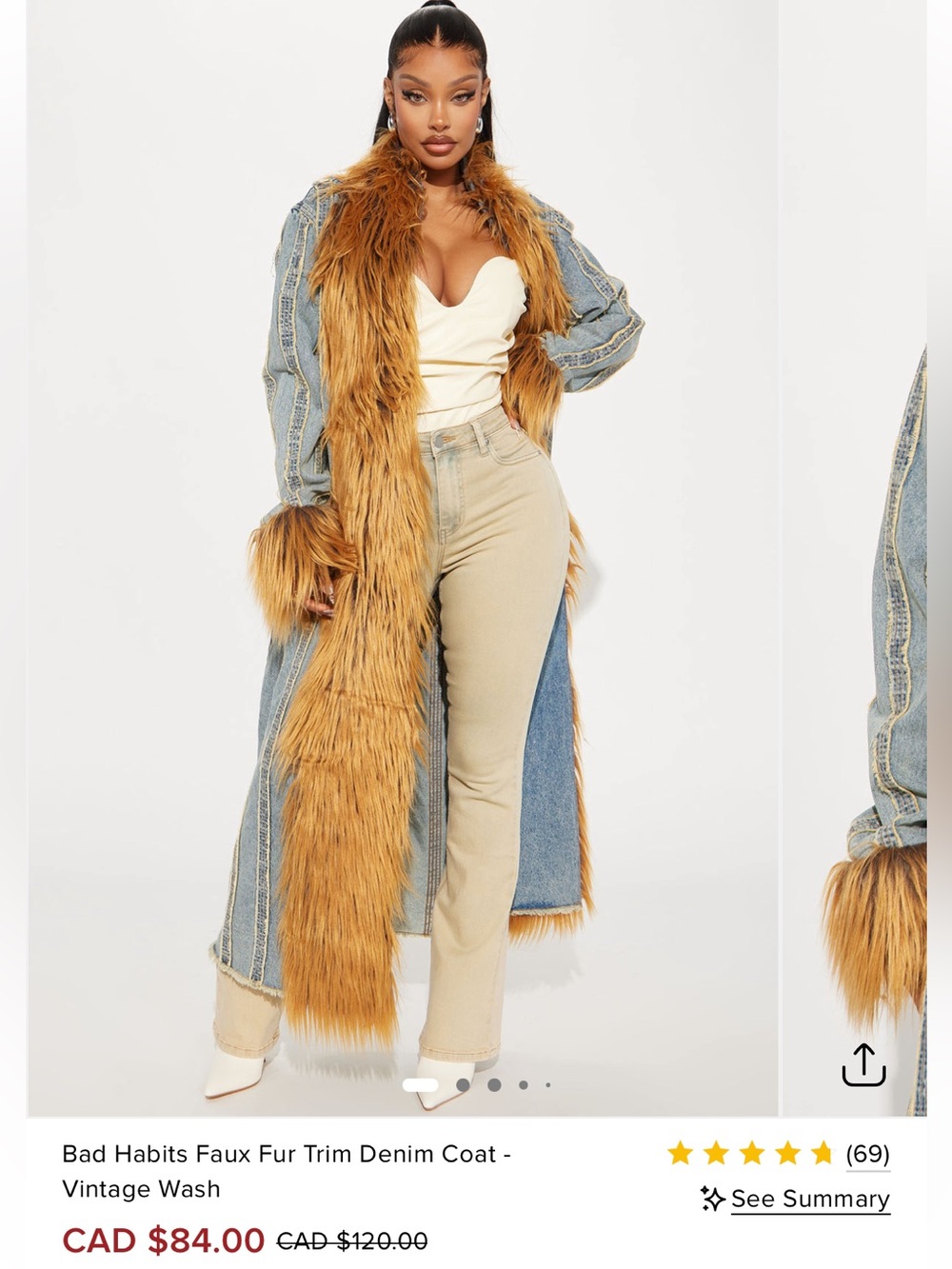 Fashion Nova Light Blue Denim Coat with Brown Faux Fur Trim